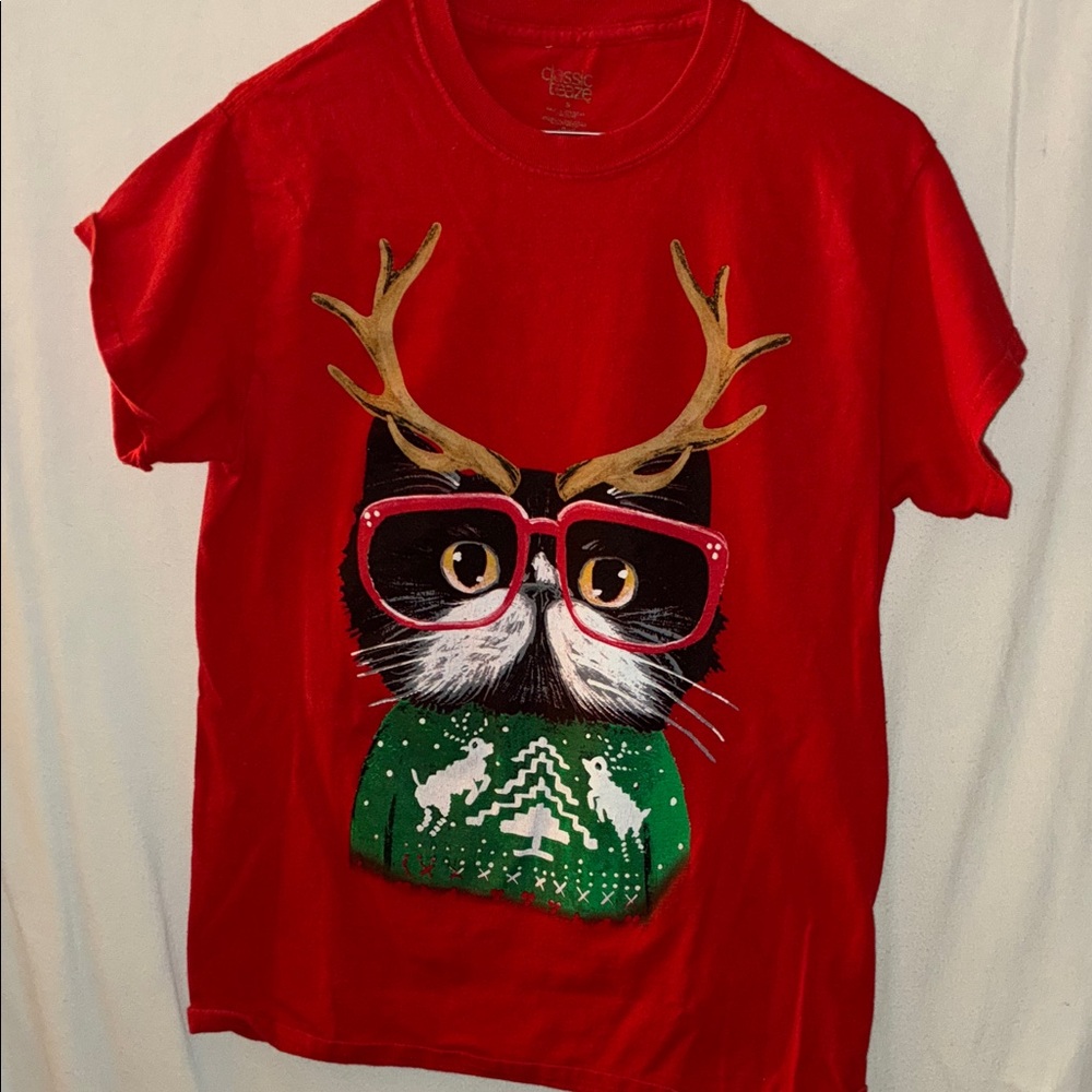 Classic Red Tee with Cat and Antlers